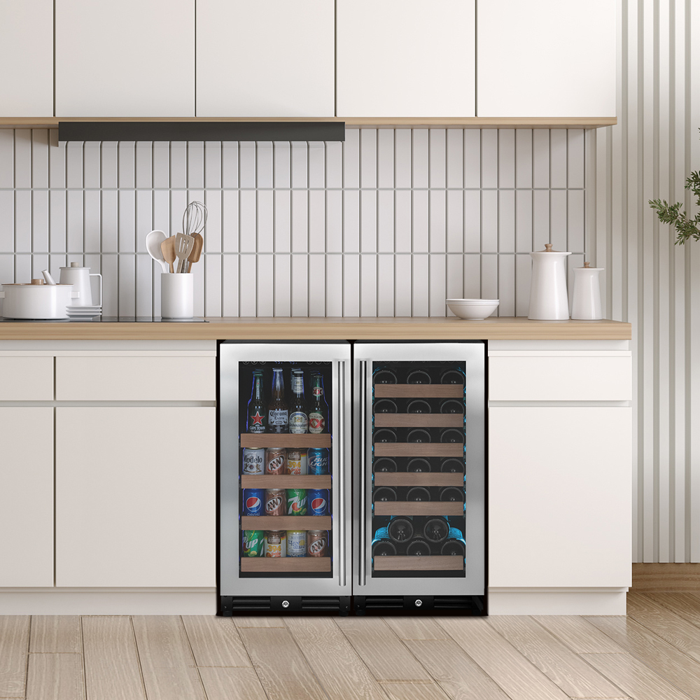 stylish built in kegerator and wine refrigerator