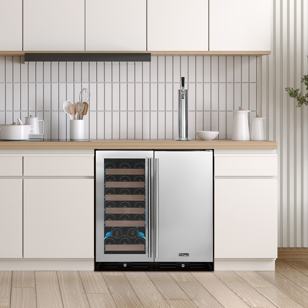 stylish built in kegerator and wine refrigerator