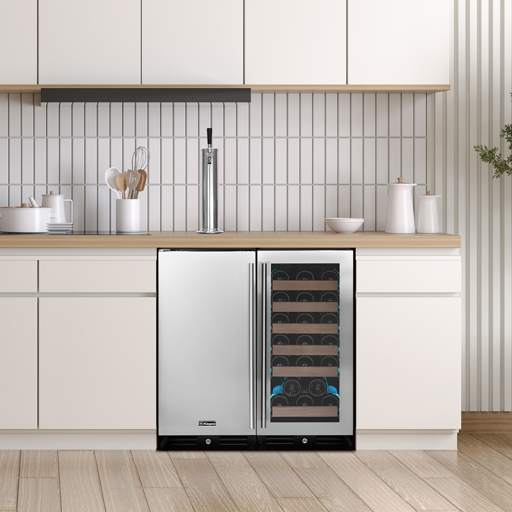 stylish built in kegerator and wine refrigerator