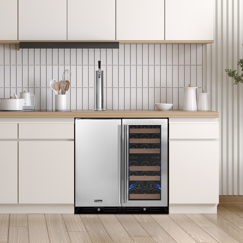stylish built in kegerator and wine refrigerator